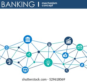 Banking mechanism. Abstract background with connected gears and integrated flat icons. Connected symbols for money, card, bank, business and finance concepts. Vector interactive illustration