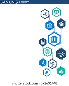 Banking mechanism. Abstract background with connected gears and integrated flat icons. symbols for money, card, bank, business and finance concepts. Vector interactive illustration