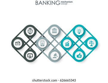 Banking mechanism. Abstract background with connected gears and integrated flat icons. symbols for money, card, bank, business and finance concepts. Vector interactive illustration