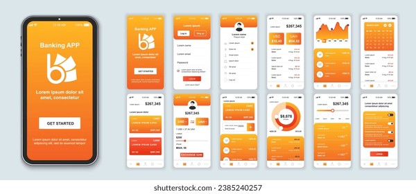 Banking mobile app interface screens template set. Online account, balance, financial statistics, credit card management, analytics. Pack of UI, UX, GUI kit for application web layout. Vector design.