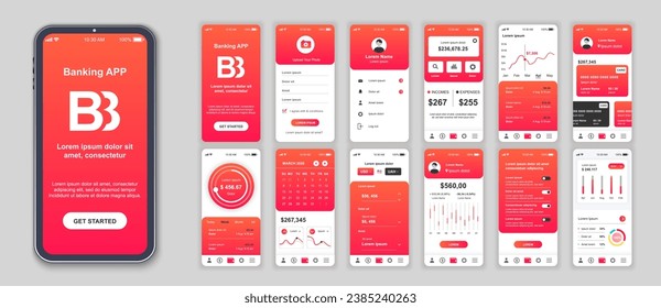 Banking mobile app interface screens template set. Online account, balance, financial management, currency exchange, navigation menu. Pack of UI, UX, GUI kit for application web layout. Vector design.