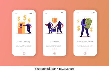 Banking Mobile App Page Onboard Screen Template. Armed Cash-in-transit Guard Characters Collectors Carry Bags from ATM or Currency Exchange Office to Bank Concept. Cartoon People Vector Illustration