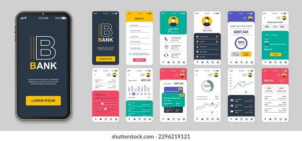 Banking mobile app screens set for web templates. Pack of login, financial account, personal balance, money transfers and other mockups. UI, UX, GUI user interface kit for layouts. Vector design