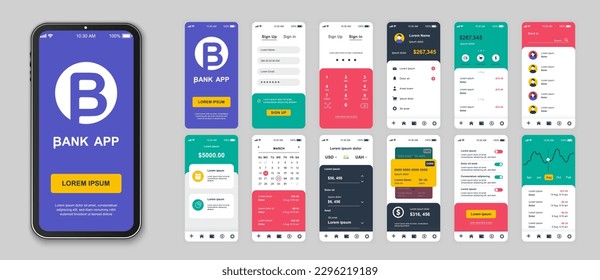 Pantallas de aplicaciones móviles bancarias configuradas para plantillas web. Paquete de inicio de sesión, contraseña segura, cuenta financiera, gestión de tarjetas de crédito, otras maquetas. interfaz de usuario, UX, interfaz de usuario GUI para diseños. Diseño de vectores