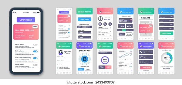 Pantallas de aplicaciones móviles bancarias establecidas para plantillas web. Paquete de información de tarjeta de crédito, gestión financiera, menú de pagos en línea. UI, UX, GUI kit de interfaz de usuario para diseños de teléfonos celulares. Diseño vectorial