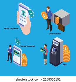 Banking - Mobile, safe deposit, online payment, atm isometric 3d vector illustration concept for banner, website, illustration, landing page, flyer, etc.