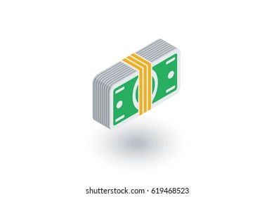 banking, money bundle, dollar banknotes isometric flat icon. 3d vector colorful illustration. Pictogram isolated on white background