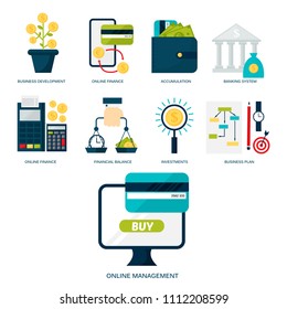 Banking money financial services set credit sign development online accumulation bank investment management finance vector illustration.