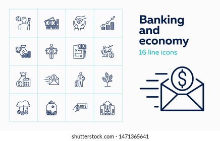 Banking and money icons. Set of line icons on white background. Money, banknotes, purse. Vector illustration can be used for topics like economy, banking