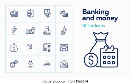 Banking and money icons. Set of line icons on white background. Bank, banknote, purse. Banking and money saving concept. Vector illustration can be used for topics like banking, economy, investment