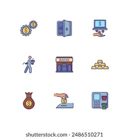 Banking and money icons. Set of line icons on white background. Bank, banknote, purse. Banking and money saving concept. Vector illustration can be used for topics like banking, economy, investment