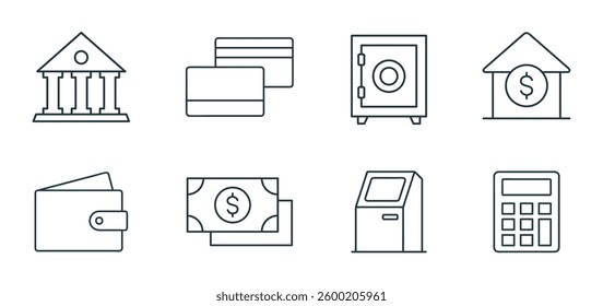Banking and Money Management Icon Set, Concept of finance and banking Outline Icons Vector Illustration