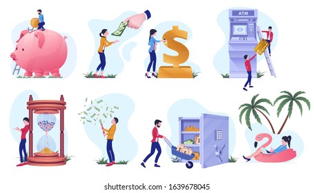 Banking and money operations, creative concept vector illustration. Cartoon characters saving money, get bank loan and borrow credit. Deposit account, mortgage and bank services for people