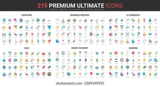 Banking, money payment, sales of ecommerce color flat icons set vector illustration. Abstract symbols of success business processes, shopping in retail store simple design for mobile and web apps