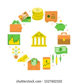 Banking and money round concept in flat style. Finance and investment symbols. Financial poster template. Vector illustration.