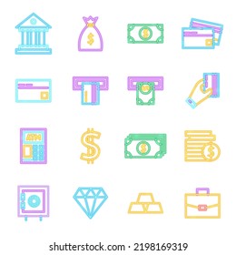 Banking Neon Icons Isolated. Vector Illustration of Glowing Bright Led Lamp over White Symbols.