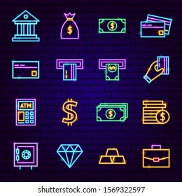 Banking Neon Icons. Vector Illustration of Business Promotion.