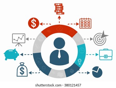 Banking network. Connected symbols for money, business and finance concepts.Objects isolated on a white background. Flat vector illustration.
