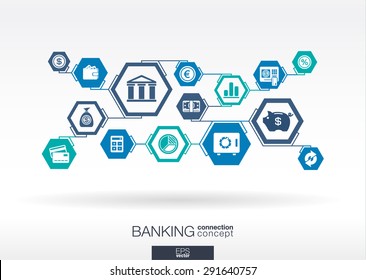 Banking network. Hexagon abstract background with lines, polygons, and integrate flat icons. Connected symbols for money, card, bank, business and  finance concepts. Vector interactive illustration