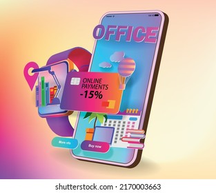 Banking and office icons on smart watch and mobile phone screens. Vector banner
