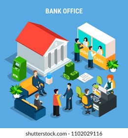 Banking office isometric composition with staff, clients during financial operations, interior elements on blue background vector illustration