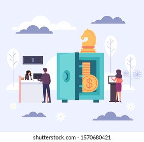 Banking office and safe money. Vector flat cartoon graphic design illustration