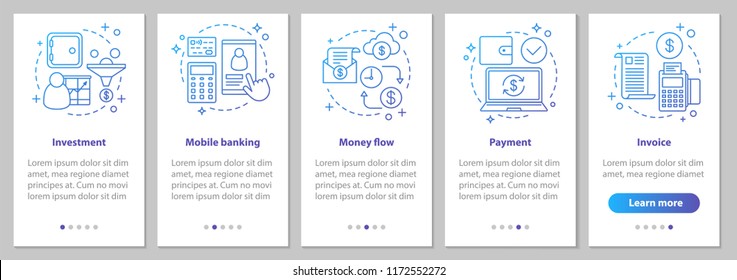 Banking onboarding mobile app page screen with linear concepts. Financial services. Money flow, payment, investment, mobile banking, invoice steps instructions. UX, UI, GUI vector illustrations