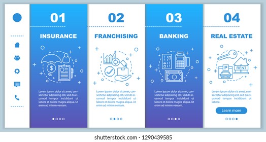 Banking onboarding mobile app page screen vector template. Finances. Investment. Franchising, insurance walkthrough website steps with linear illustrations. UX, UI, GUI smartphone interface concept