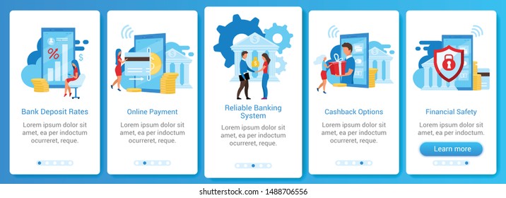 Banking onboarding mobile app screen vector template. Deposit rates, online payment, financial safety. Walkthrough website steps with flat characters. UX, UI, GUI smartphone cartoon interface concept