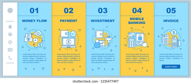 Banking onboarding mobile web pages vector template. Financial services. Money flow, payment, investment, mobile banking, invoice. Responsive smartphone website interface. Webpage walkthrough screens