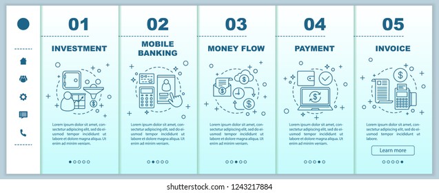 Banking onboarding mobile web pages vector template. Financial services. Money flow, payment, investment, mobile banking, invoice. Responsive smartphone website interface. Webpage walkthrough screens