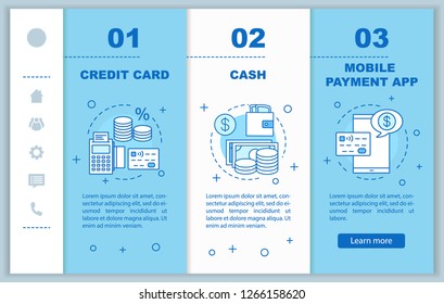 Banking onboarding mobile web pages vector template. Financial services. Credit card, cash, mobile payment app. Responsive smartphone website interface. Webpage walkthrough step screens. Color concept