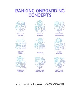 Banking onboarding process blue gradient concept icons set. Web wallet. Financial transactions online idea thin line color illustrations. Isolated symbols. Roboto-Medium, Myriad Pro-Bold fonts used