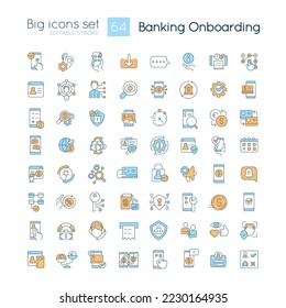 Banking onboarding RGB color big icons set. Customer experience. Account opening. Isolated vector illustrations. Simple filled line drawings collection. Editable stroke. Quicksand-Light font used