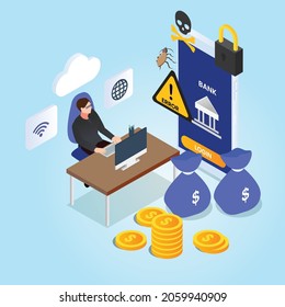 Banca en línea 3d concepto de ilustración vectorial isométrica para banner, sitio web, página de inicio, anuncios, plantilla de volante