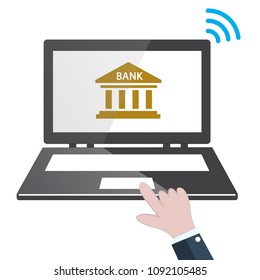 banking online concept with laptop and bank icon on screen and touch hand