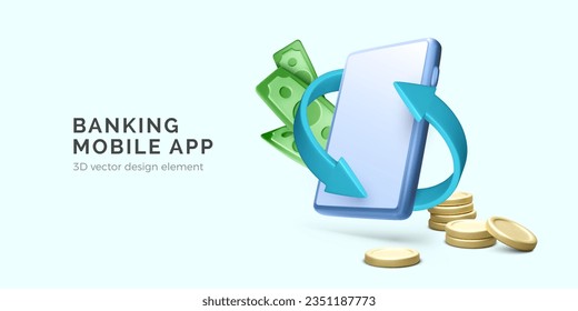 Banking online mobile app. 3D cartoon smartphone with arrows and paper money, gold coins. Cashback service. Money management concept. Vector illustration