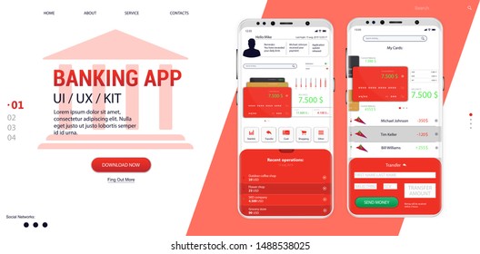 Banking Online - Mobile App (UI, UX, GUI). Well-designed application interface (Card management, Money transfers, Expenses, Payment of bills and E-payment screen) Mobile banking template, vector set