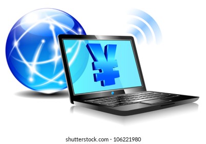 Banking Online, Pay internet payment concept with money symbols for Chinese Renminbi, Yuan, Japanese Yen,
