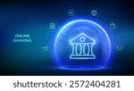 Banking. Online banking and payment. Secure transactions. Financial data protection. Cyber security. Finance networking. Glass transparent sphere with surface of hexagons with Bank icon. Vector. EPS10