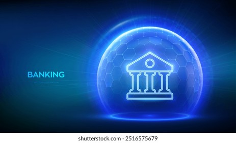 Banking. Online banking and payment. Secure transactions. Financial data protection. Cyber security. Finance networking. Glass transparent sphere with surface of hexagons with Bank icon. Vector. EPS10