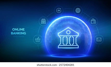 Banking. Online banking and payment. Secure transactions. Financial data protection. Cyber security. Finance networking. Glass transparent sphere with surface of hexagons with Bank icon. Vector. EPS10
