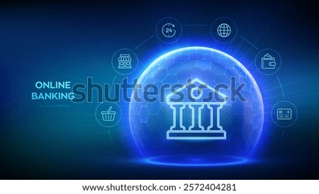 Banking. Online banking and payment. Secure transactions. Financial data protection. Cyber security. Finance networking. Glass transparent sphere with surface of hexagons with Bank icon. Vector. EPS10