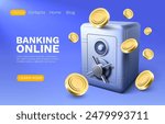 Banking online safe, finance user access, web site landing page. Vector illustration