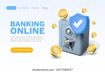 Banking online safe, finance user access, web site landing page. Vector illustration