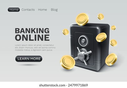 Banking online safe, finance user access, web site landing page. Vector illustration