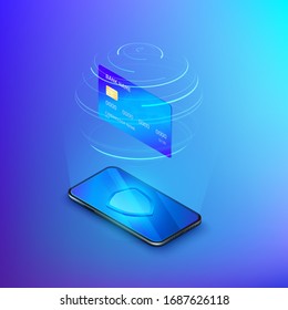 Banking online service. Money transfer or internet shopping concept. Credit card above mobile phone with shield on screen. Security and protection online payment. Vector isometric banner