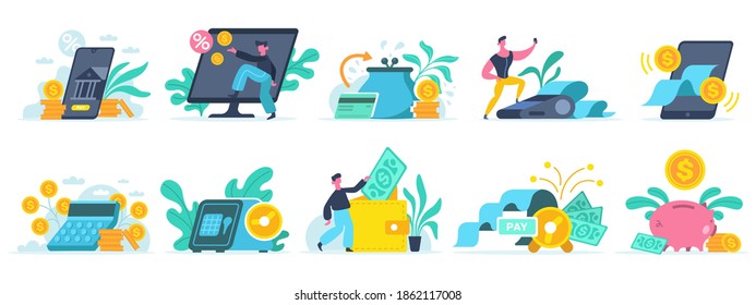 Banking online services. Digital bank transaction, mobile finance services, online bill e banking payment and deposits vector illustration set. Smart phone app and electronic wallet