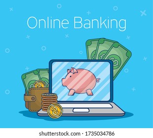 tecnología en línea bancaria con diseño de ilustración vectorial para portátiles