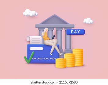 Banking operation concept. Internet banking, purchasing and transaction, electronic funds transfers and bank wire transfer. 3D Web Vector Illustrations.